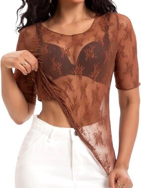 Lace Mesh Top Brown Floral Sheer See Through Tops Boat Neck Shirt Brown